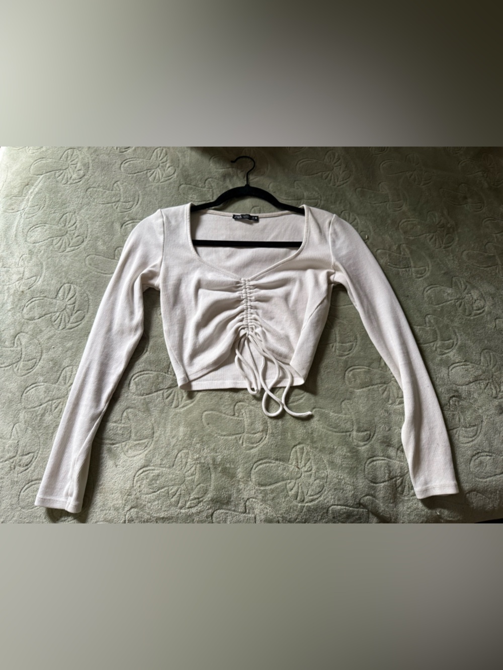 Zara White Ruched Drawstring Cropped Long Sleeve Top